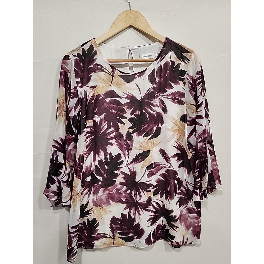 Calvin Klein Blouse Womens L Purple‎ Floral Sheer Slip-in 3/4 Sleeve Tropical